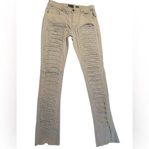 Cream Distressed Flare Stacked Jeans